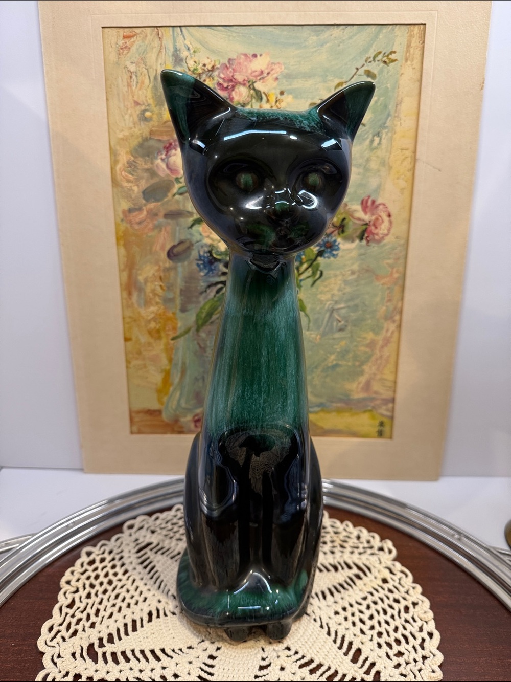 Vintage Blue Mountain Pottery Large Tall Cat Figurine MCM Green Drip Glaze